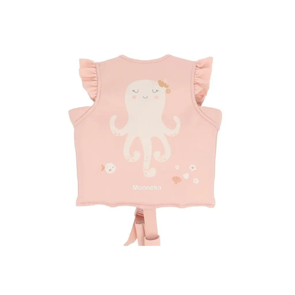 Vista trasera del chaleco flotador rosa Jolie The Octopus de Monnëka con diseño de pulpo y correa de seguridad