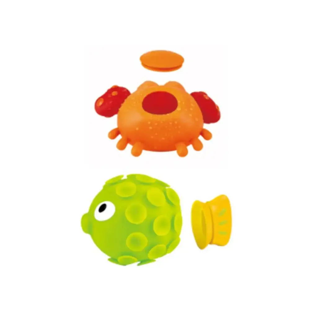 Juguetes de baño Baño pez y cangrejo con tapones extraíbles, chorros de agua y ventosas, Hape.