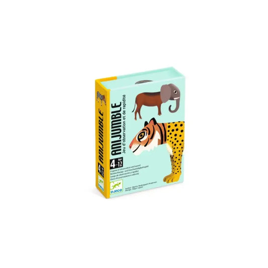 Caja de juego de cartas con ilustraciones de animales de dibujos animados, incluidos un elefante y un tigre.