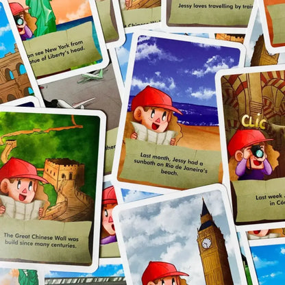 Cartas educativas Club A - Jessie the tourist para aprender inglés con aventuras, Atómo Games.