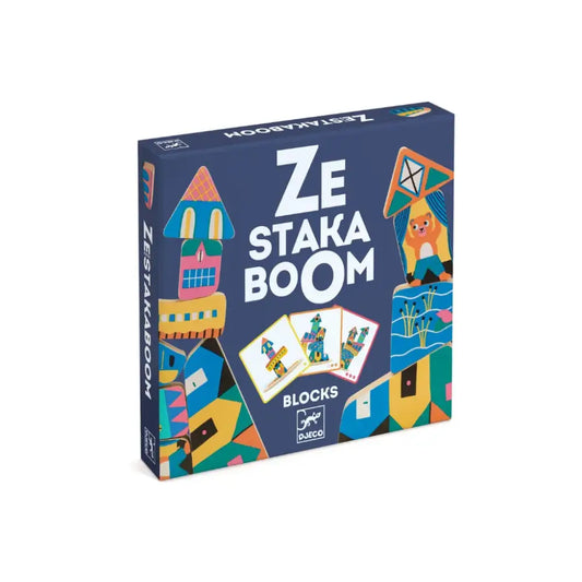 Caja de juego de mesa para ’Ze Staka Boom’ con formas geométricas y personajes coloridos.