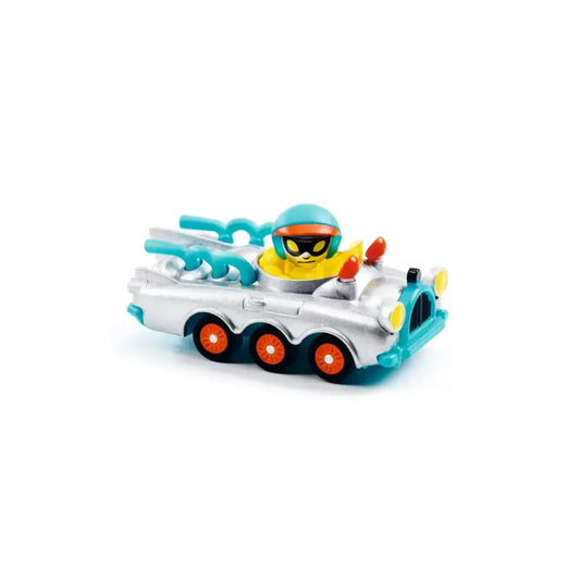 Coche de juguete con una combinación de colores turquesa y blanco que presenta un personaje de dibujos animados con gafas de sol.