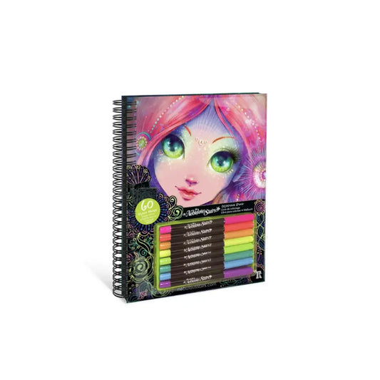 Cuaderno de arte encuadernado en espiral con marcadores de colores.