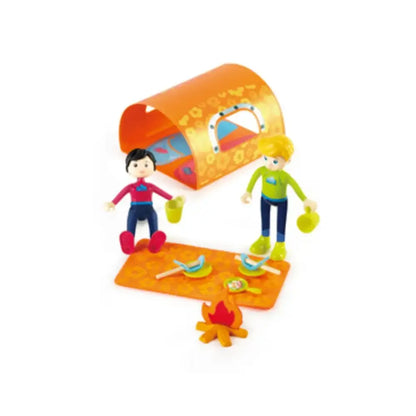 Muñecos con tienda de campaña, fogata y accesorios para picnic Furgoneta Aventuras Hape.