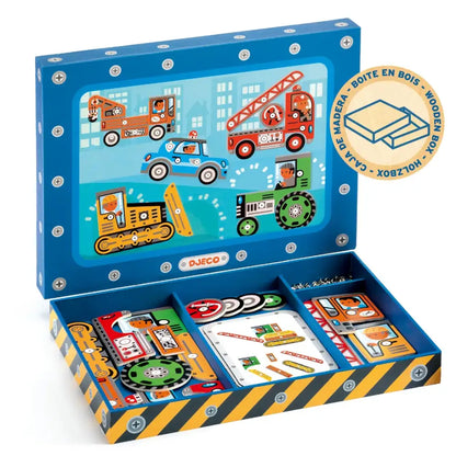 Juego tap tap vehículos Motricidad Djeco juego-tap-vehiculos-azul-caja-tematica-de-construccion-976