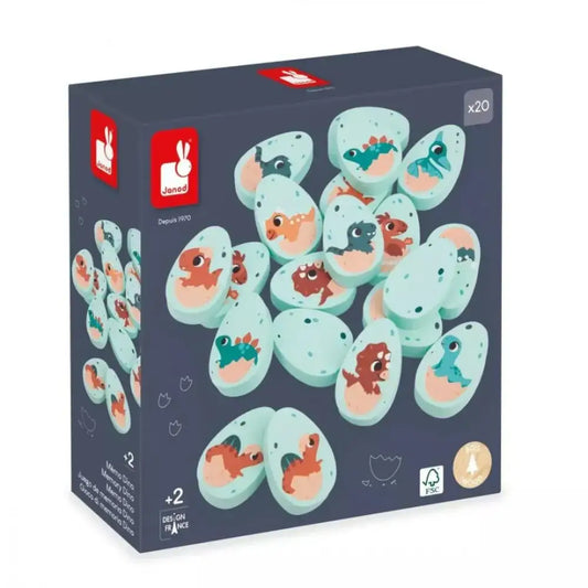 Caja de juego de mesa que presenta huevos de dinosaurio con dinosaurios de dibujos animados en su interior.