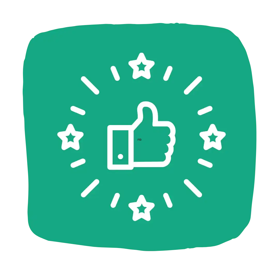Icono de pulgar hacia arriba rodeado de estrellas decorativas sobre un fondo cuadrado verde.